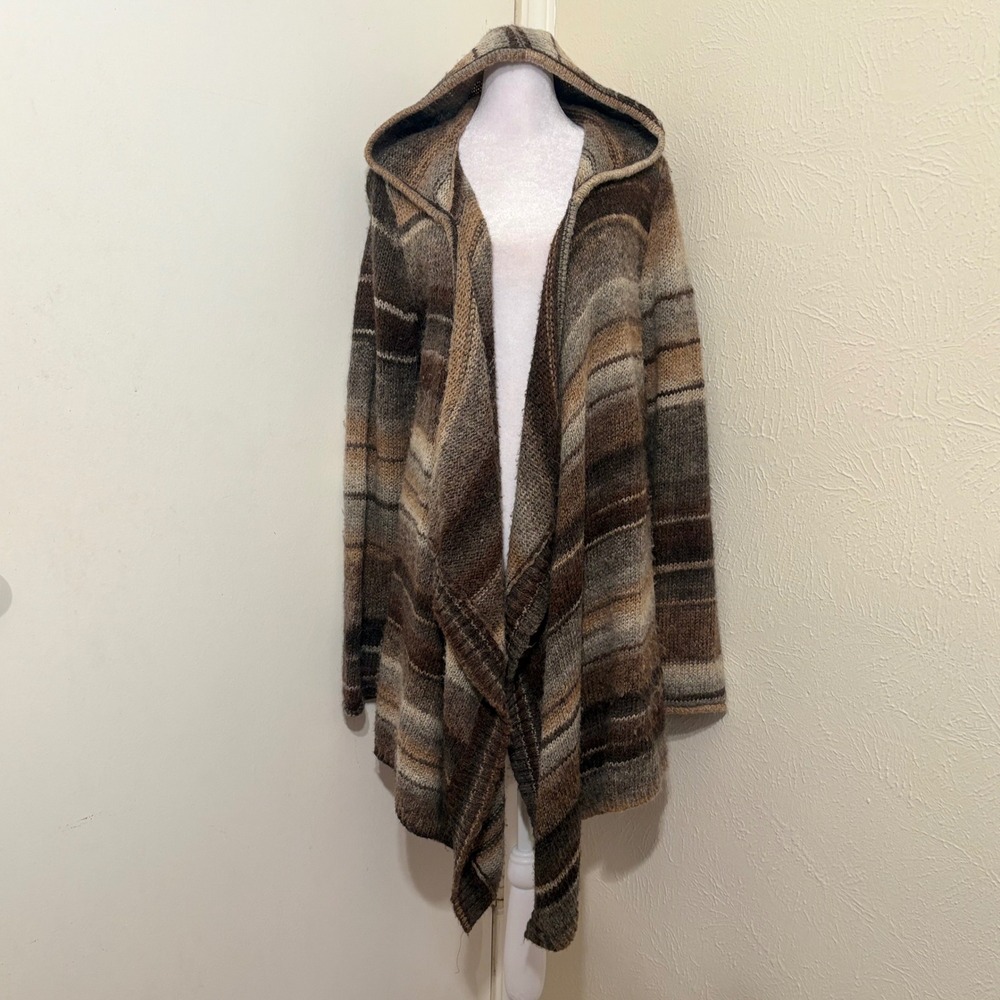 Brown Tan Striped Hooded Draped Open Front Cardigan Sweater Grunge Fairy Fall L